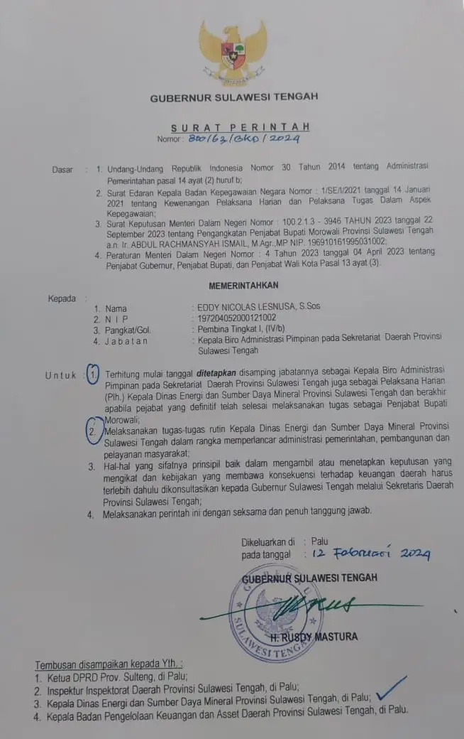 Gubernur Sulteng Tunjuk Eddy N. Lesnusa sebagai Plh Kadis ESDM