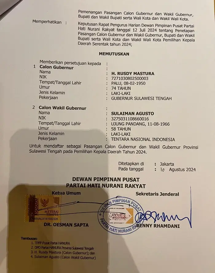 Putusan MK Tentang Syarat Usungan Pilkada 2024, Rusdy Mastura Bisa Maju Hanya dengan PDIP dan Hanura