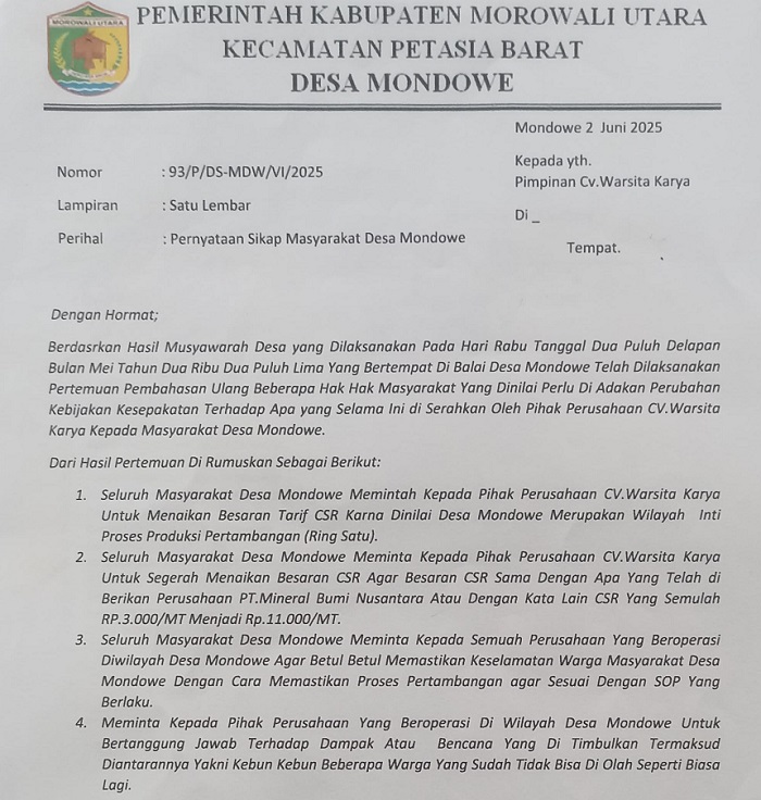 Masyarakat Mondowe Morut Minta Dialog Soal Kenaikan CSR, Warsita Karya Bersikukuh pada MoU
