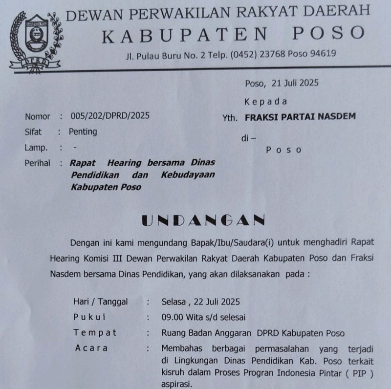 Komisi III dan Fraksi Nasdem DPRD Gelar RDP Pembagian PIP yang Ditolak Sekdis Dikbud Poso