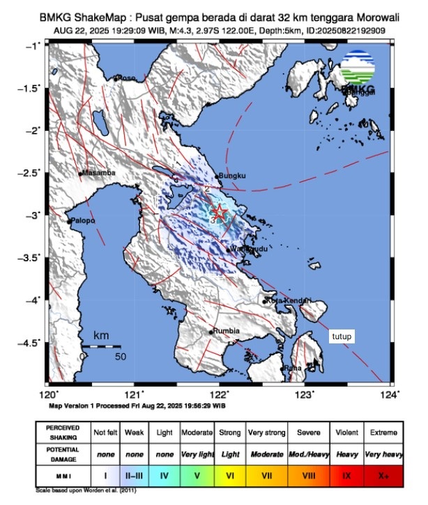 Gempa Magnitudo 4,3 Guncang Morowali Malam Ini