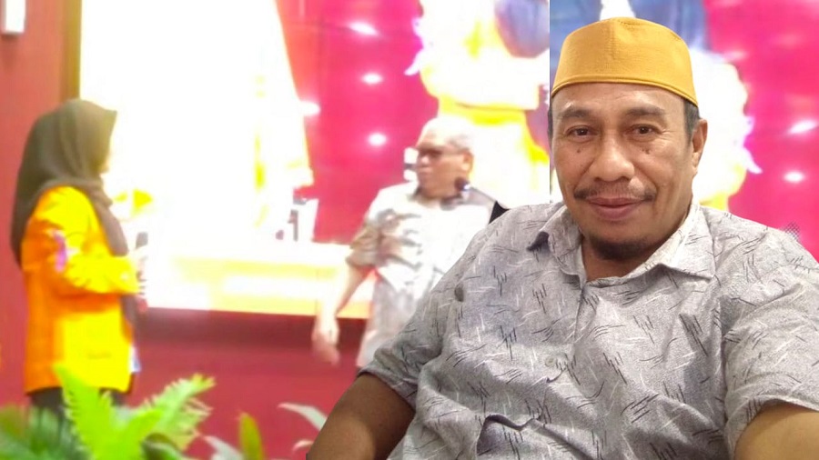 Ketua Majelis Adati To Bungku Kecamatan Witaponda Kabupaten Morowali, Hasarudin Husaini dengan latar belakang tangkapan layar video viral Rektor UNM. Foto : Ghaff